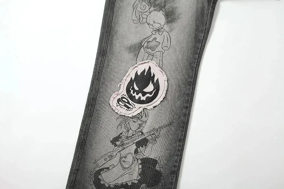 'Aim' Retro Wash Gray Denim Jeans with Custom Patching