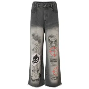 'Aim' Retro Wash Gray Denim Jeans with Custom Patching