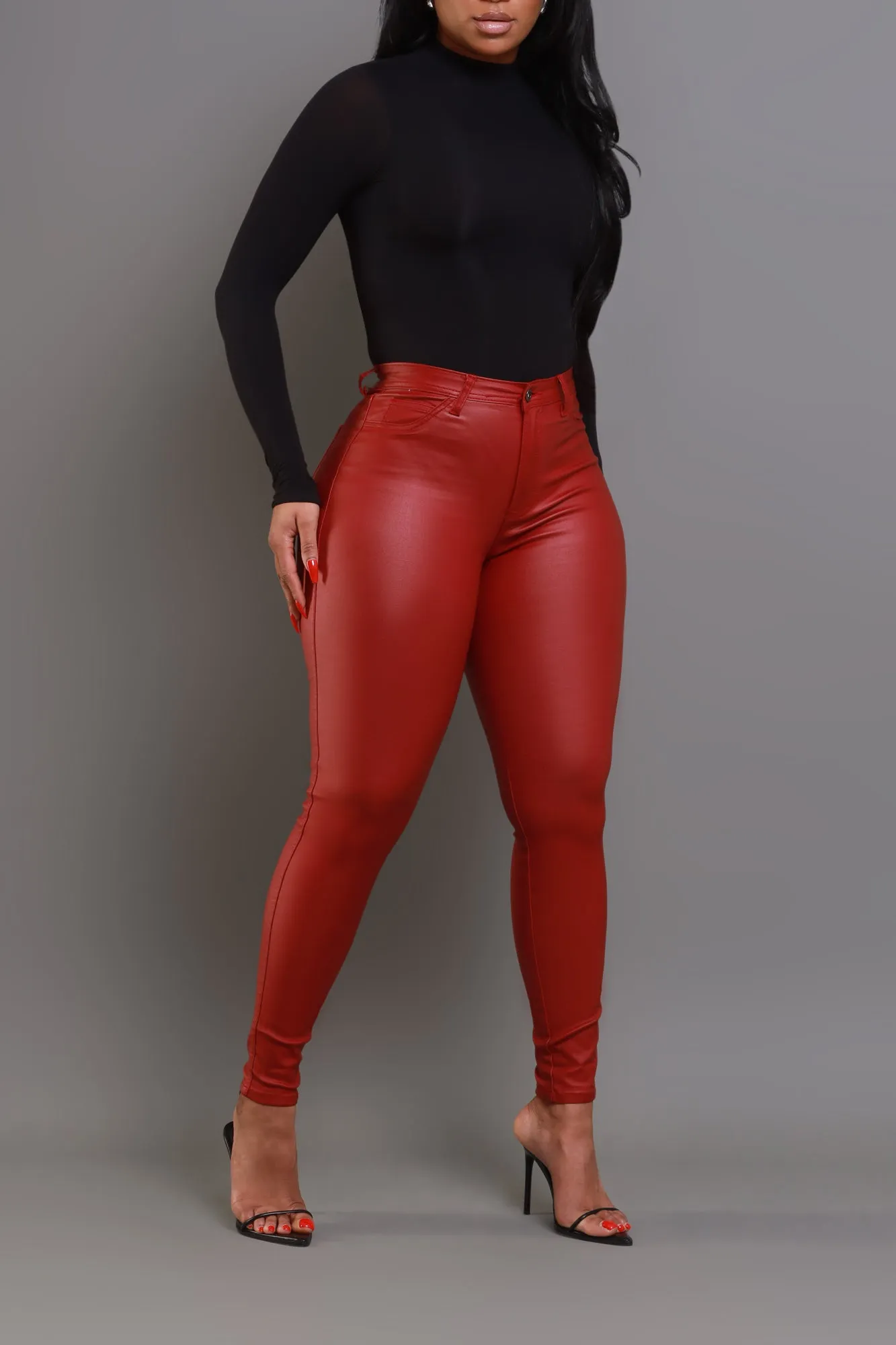 Curve You Faux Leather High Rise Pants - Burgundy