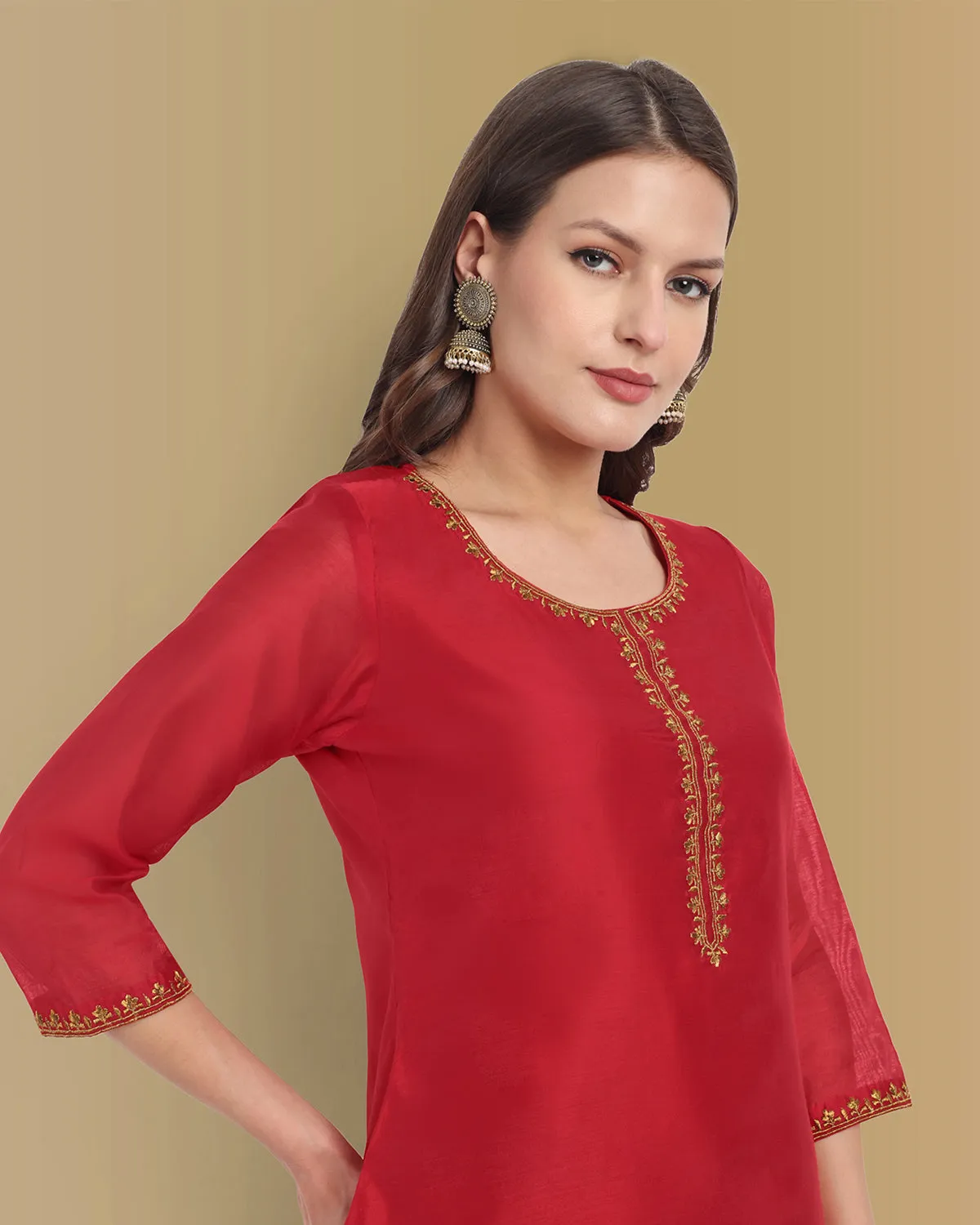 Deep Red Handcrafted Chanderi Kurta with Dupatta - Set of 3