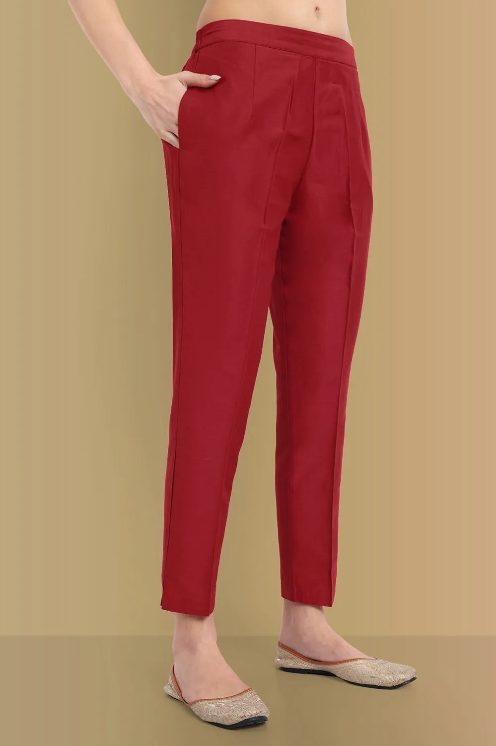 Deep Red Handcrafted Chanderi Kurta with Dupatta - Set of 3