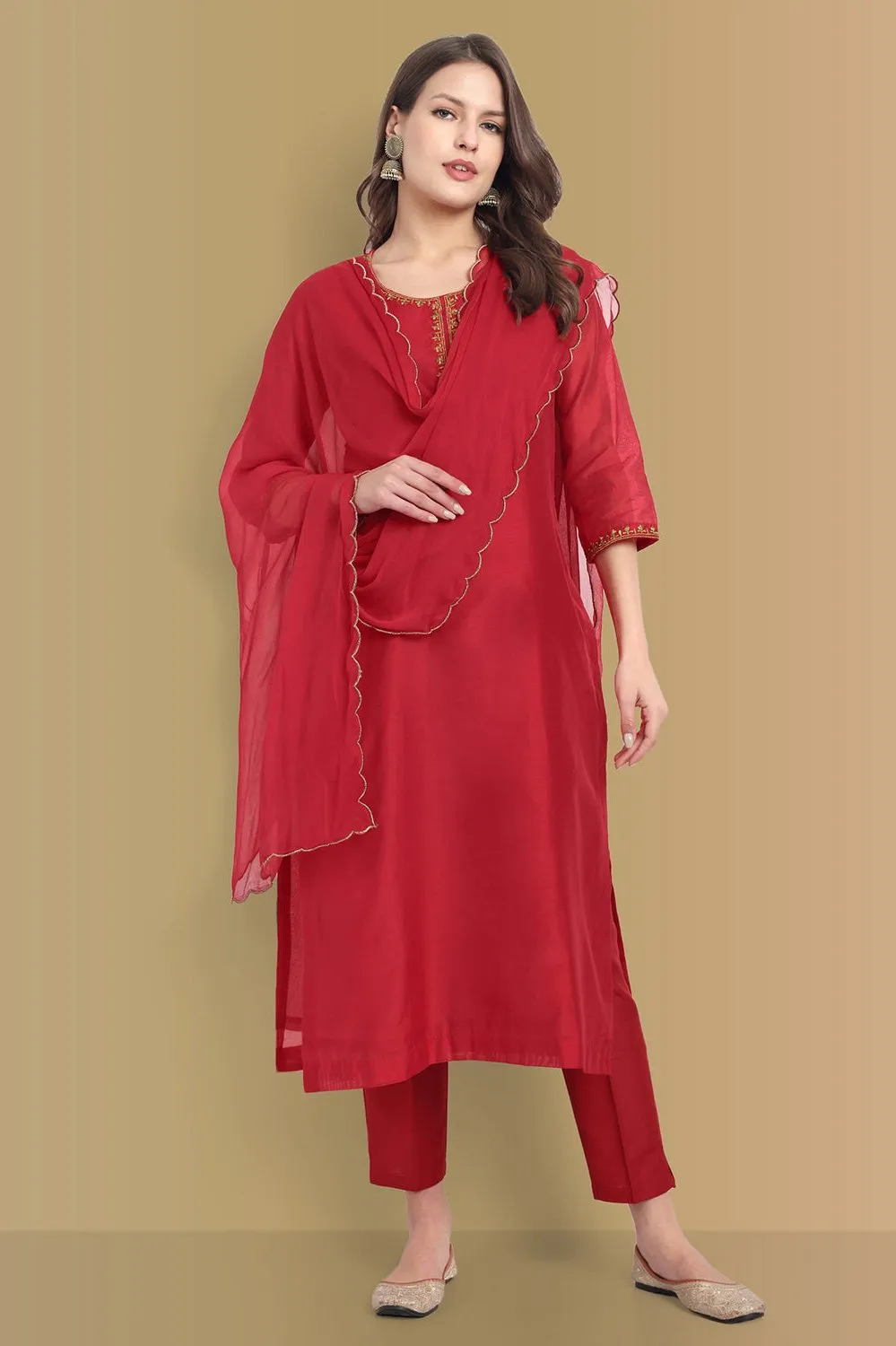 Deep Red Handcrafted Chanderi Kurta with Dupatta - Set of 3