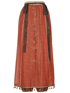 Red Cheongsam Style Floral Loose Pants With Overlay
