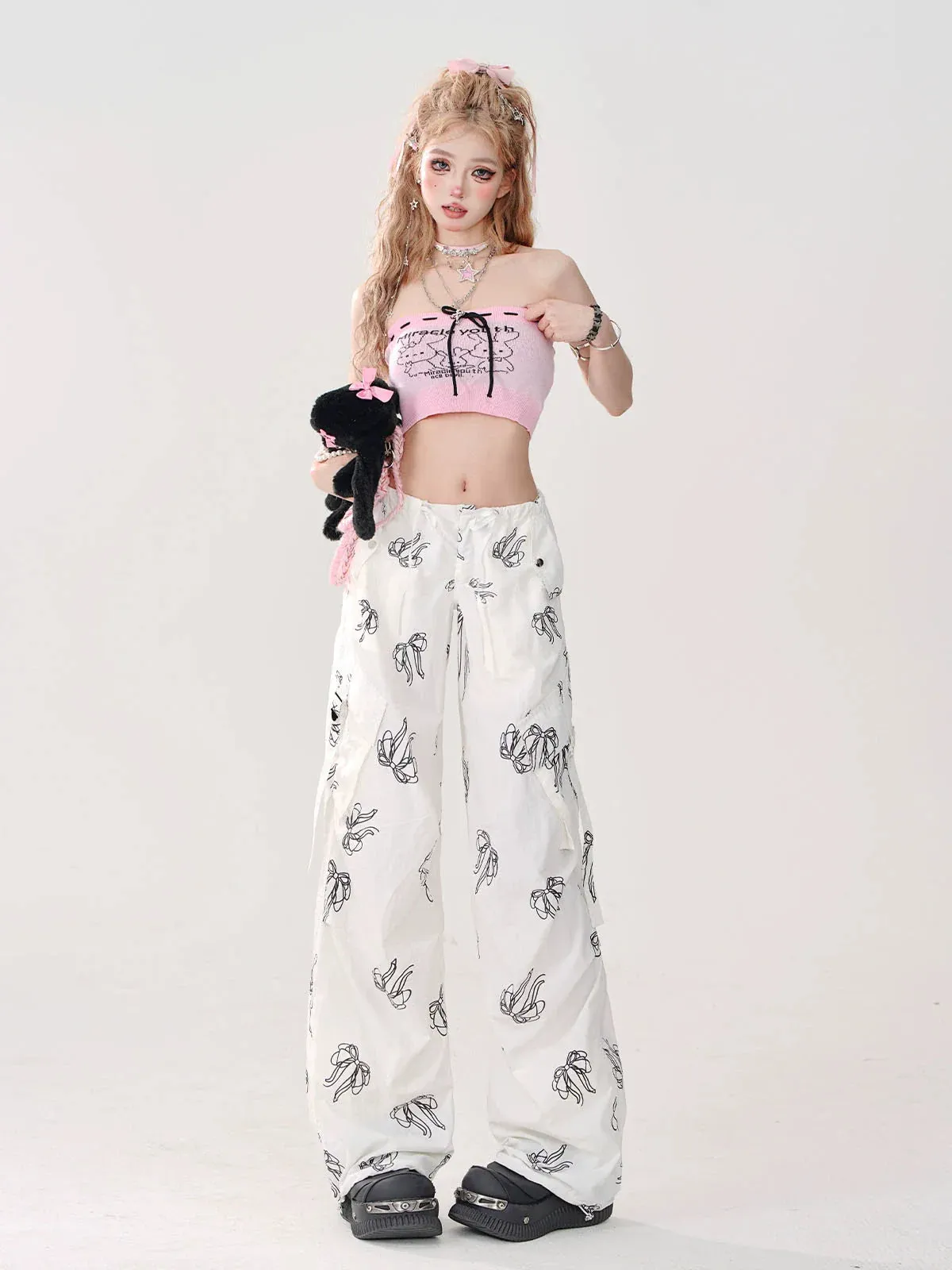 Ribbon Loose Sweet Pants White Print Pocket
