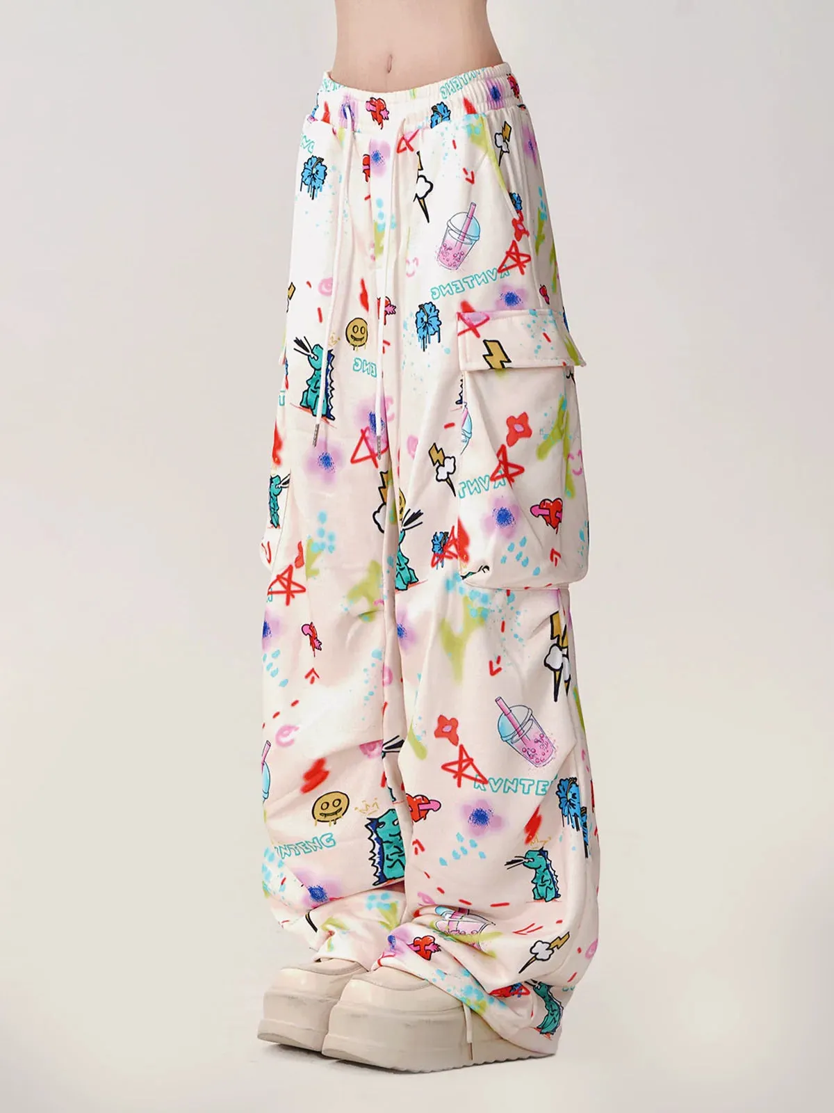 Side Cartoon Street Pants Loose Wide Pocket