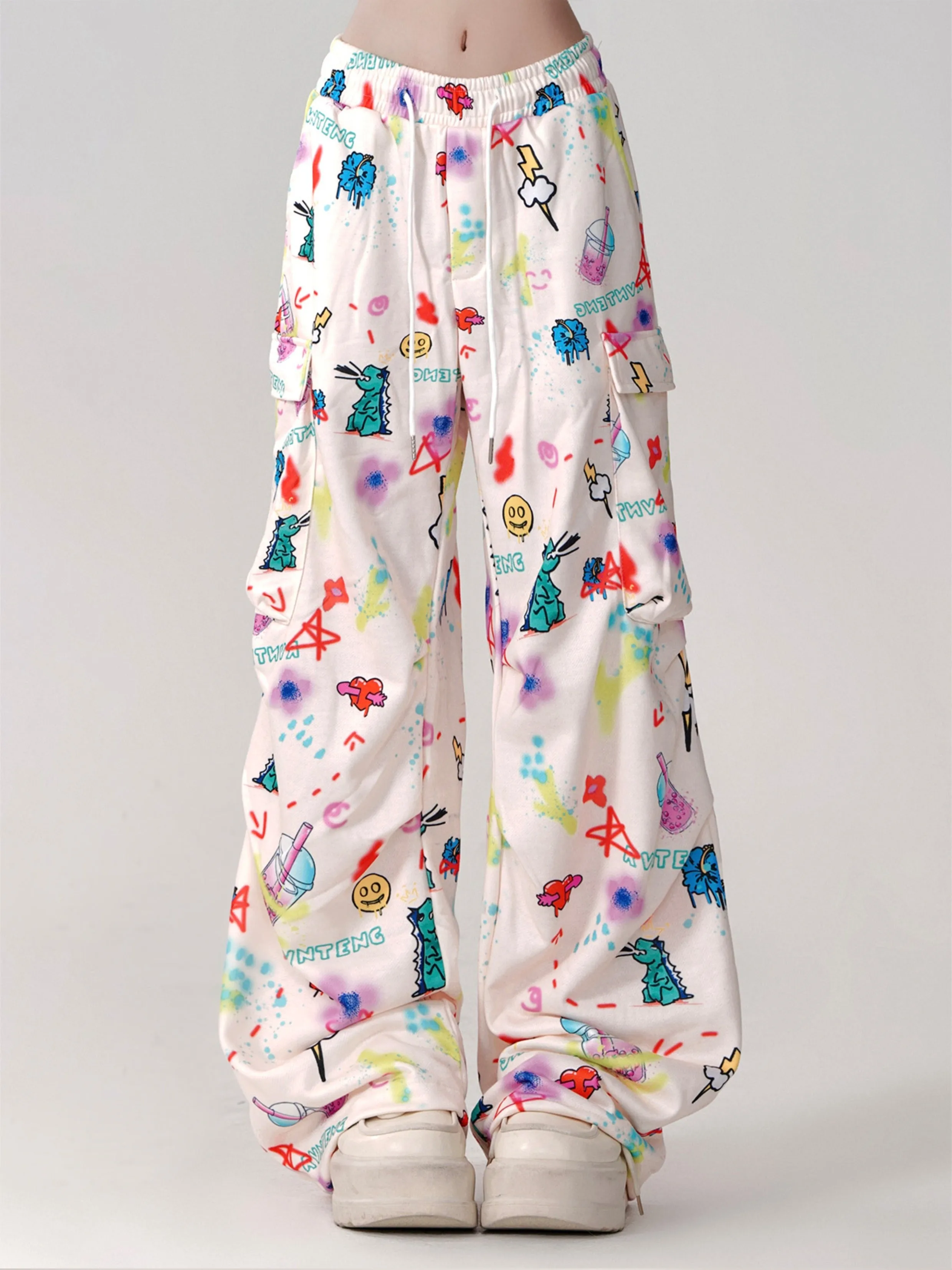 Side Cartoon Street Pants Loose Wide Pocket
