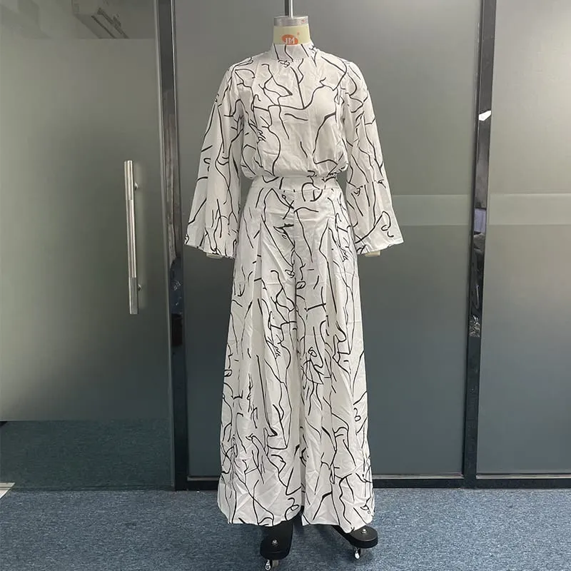 Wefads Women Jumpsuit Autumn Elegant Casual Long Sleeve Art Print Tie Nipped Waist Loose Wide Legs Pants Sets For Female 2XL B-56564