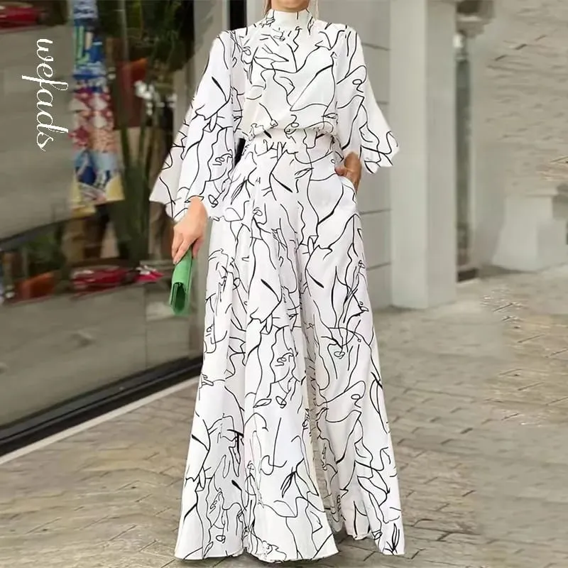 Wefads Women Jumpsuit Autumn Elegant Casual Long Sleeve Art Print Tie Nipped Waist Loose Wide Legs Pants Sets For Female 2XL B-56564
