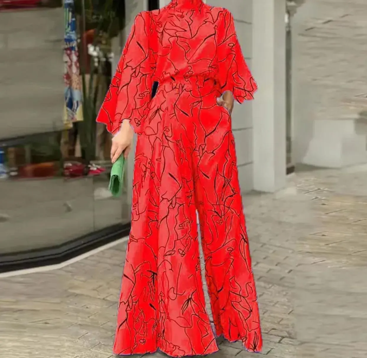 Wefads Women Jumpsuit Autumn Elegant Casual Long Sleeve Art Print Tie Nipped Waist Loose Wide Legs Pants Sets For Female 2XL B-56564