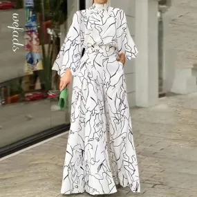 Wefads Women Jumpsuit Autumn Elegant Casual Long Sleeve Art Print Tie Nipped Waist Loose Wide Legs Pants Sets For Female 2XL B-56564